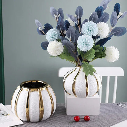 Ceramic White Gold Vase Modern Simple Home Decoration Flowerpot Phalaenopsis Basin with Gold Flower Arrangement