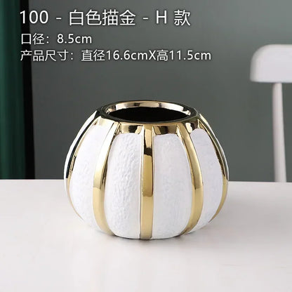 Ceramic White Gold Vase Modern Simple Home Decoration Flowerpot Phalaenopsis Basin with Gold Flower Arrangement