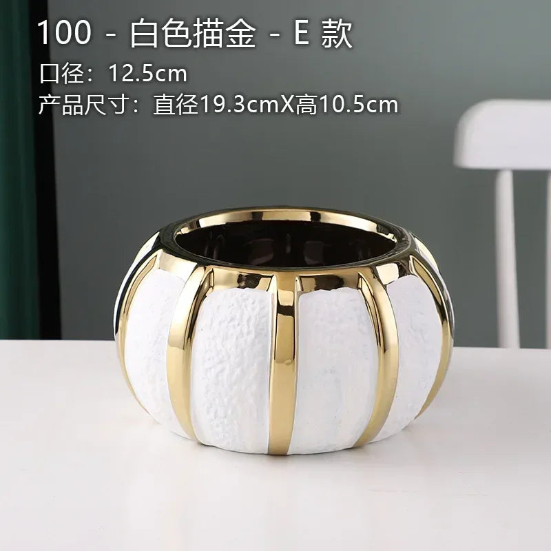 Ceramic White Gold Vase Modern Simple Home Decoration Flowerpot Phalaenopsis Basin with Gold Flower Arrangement