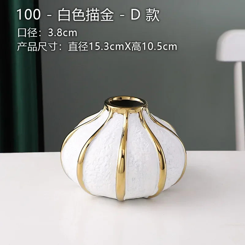 Ceramic White Gold Vase Modern Simple Home Decoration Flowerpot Phalaenopsis Basin with Gold Flower Arrangement