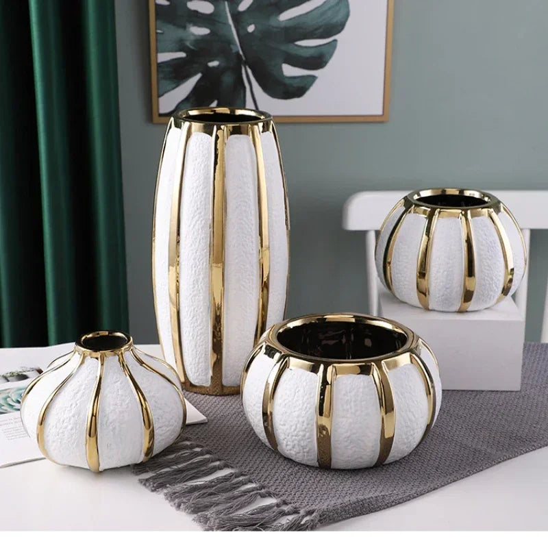 Ceramic White Gold Vase Modern Simple Home Decoration Flowerpot Phalaenopsis Basin with Gold Flower Arrangement