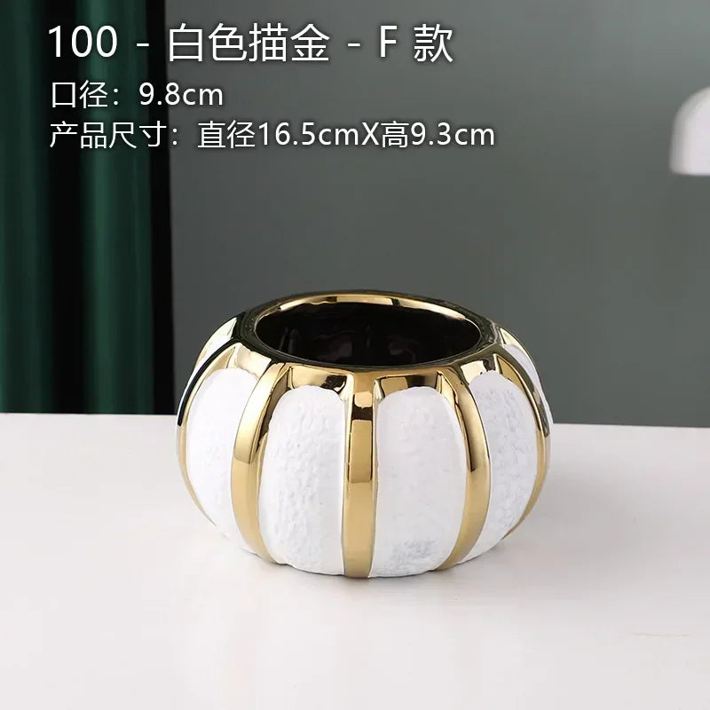 Ceramic White Gold Vase Modern Simple Home Decoration Flowerpot Phalaenopsis Basin with Gold Flower Arrangement