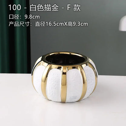 Ceramic White Gold Vase Modern Simple Home Decoration Flowerpot Phalaenopsis Basin with Gold Flower Arrangement