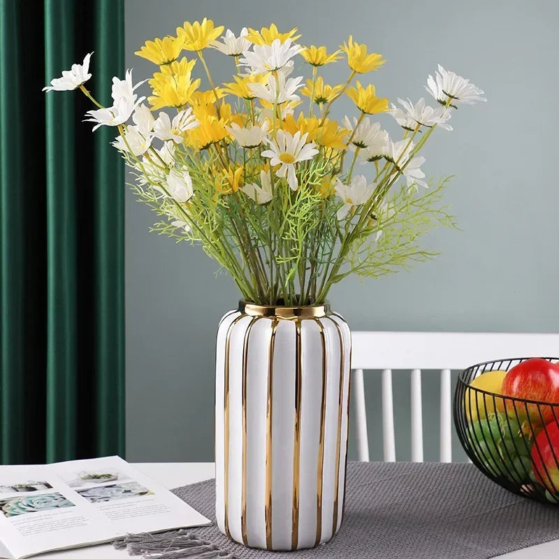 Ceramic White Gold Vase Modern Simple Home Decoration Flowerpot Phalaenopsis Basin with Gold Flower Arrangement