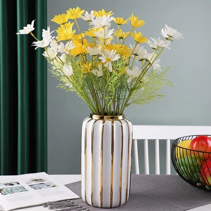 Ceramic White Gold Vase Modern Simple Home Decoration Flowerpot Phalaenopsis Basin with Gold Flower Arrangement