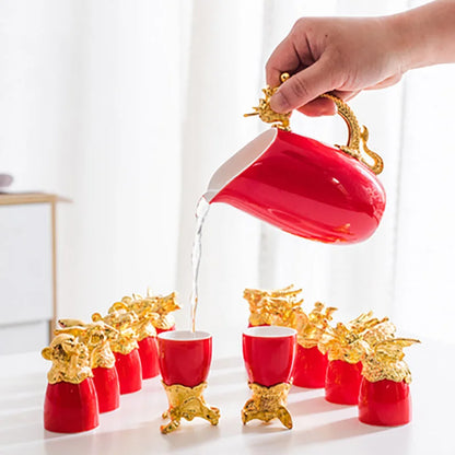 Ceramic Wine Pot Wine Glass Set Household Home Decor For Traditional Red Wedding Party Marriage Newlywed Supplies