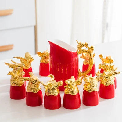 Ceramic Wine Pot Wine Glass Set Household Home Decor For Traditional Red Wedding Party Marriage Newlywed Supplies