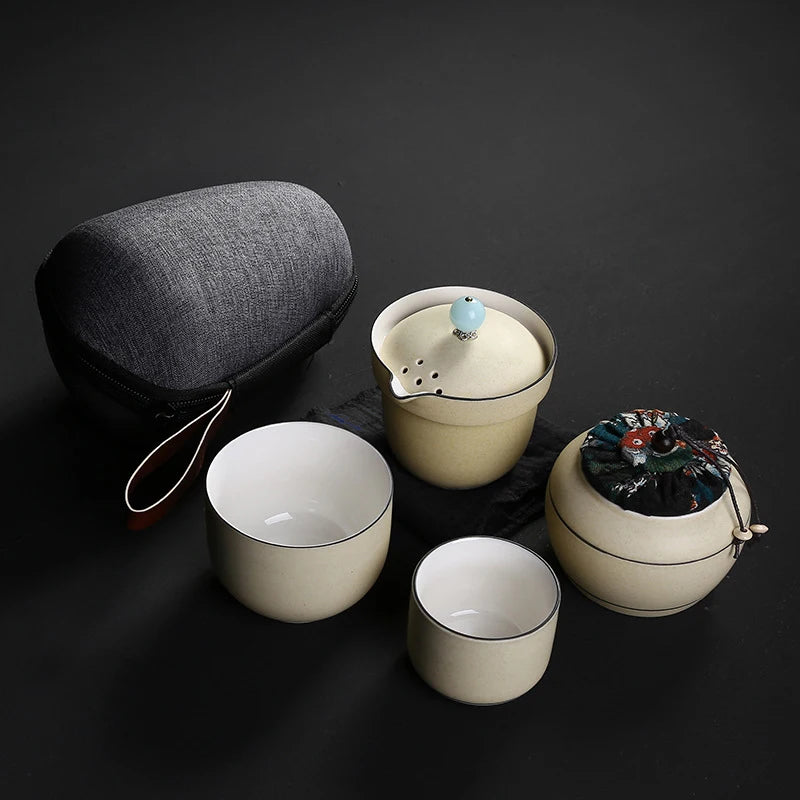 Ceramic teapot kettle gaiwan teacups one pot and two cups portable travel tea sets with travel bag