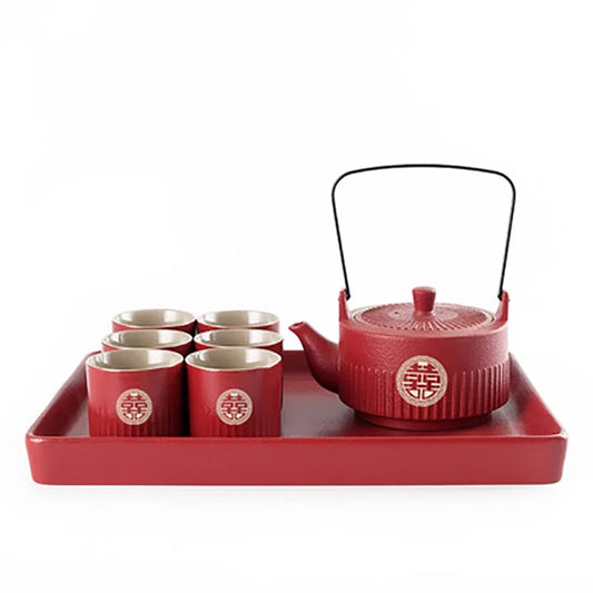 Ceramics Chinese Traditional Red Wedding Double Happiness Tea Pot and Cup Set Teacup Porcelain Teapot Luxury Souvenir Gifts