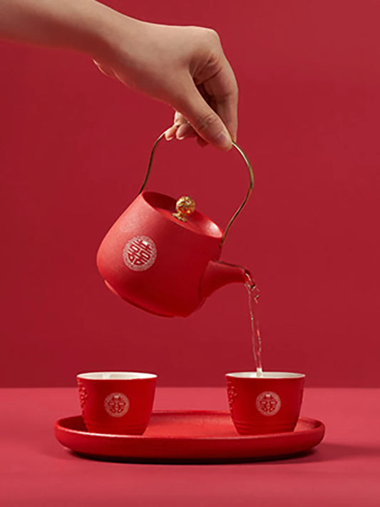 Ceramics Chinese Traditional Red Wedding Double Happiness Teapot Teacup Kettle Tea Ceremony Set Luxury Gifts For Bride and Groom
