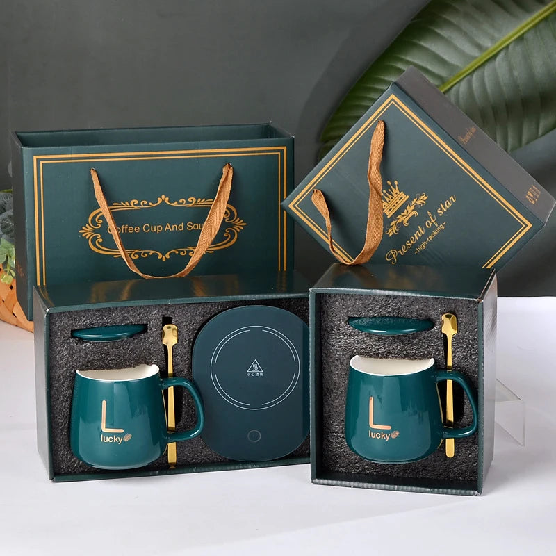 Ceramics Coffee Cup Plug in Smart Thermostatic Cup For Home Office Milk Tea Water Heating Mat 55℃ Heating Mugs Ceramic Gift Set