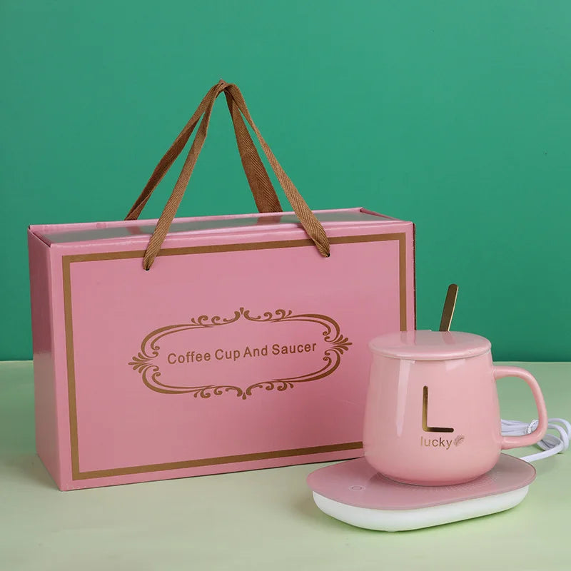 Ceramics Coffee Cup Plug in Smart Thermostatic Cup For Home Office Milk Tea Water Heating Mat 55℃ Heating Mugs Ceramic Gift Set