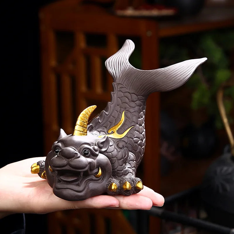Ceramics Dragon Fish Mascot statue ，Chinese characteristics Fortune-making ornaments Home Living Room, Room, Office Accessories