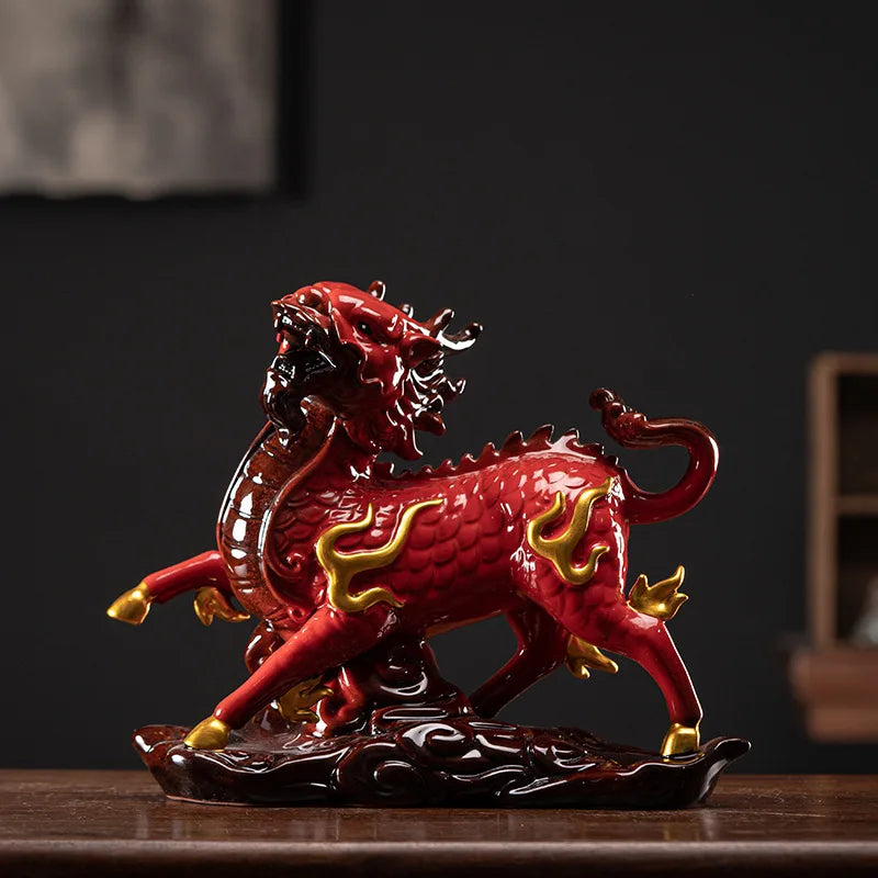 Ceramics Fire unicorn statue ，Traditional handmade ，Chinese mascot，Domineering Home Furnishing Living Room Feng Shui statue