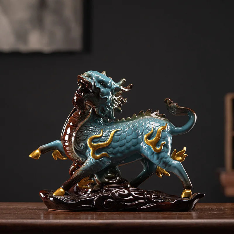 Ceramics Fire unicorn statue ，Traditional handmade ，Chinese mascot，Domineering Home Furnishing Living Room Feng Shui statue