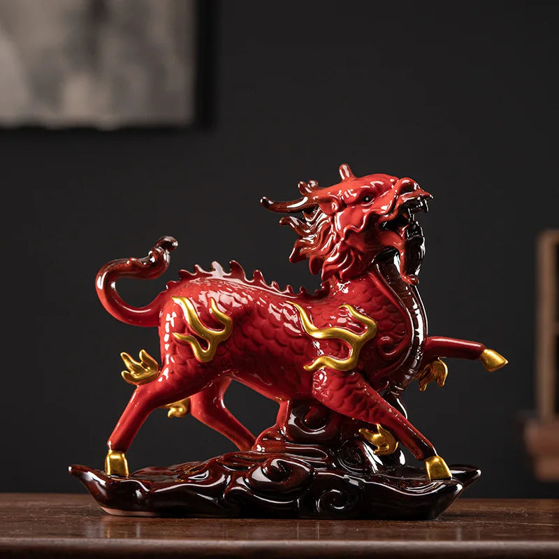 Ceramics Fire unicorn statue ，Traditional handmade ，Chinese mascot，Domineering Home Furnishing Living Room Feng Shui statue