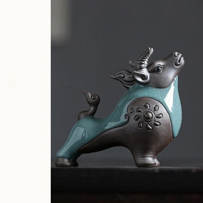 Ceramics Fortune Animals Cow Statue，Traditional handmade sculpture，Deluxe Home Room, Office Art Deco Statue