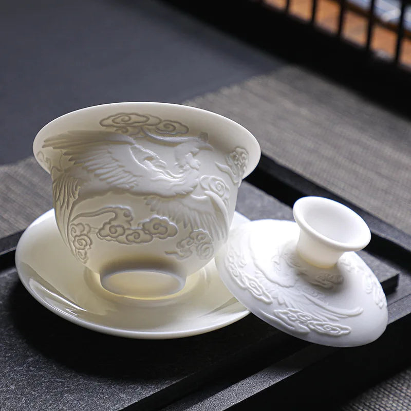 Ceramics Gaiwan 150ml relief dragon and phoenix pattern kung fu tea maker drinkware tea set tea bowls set