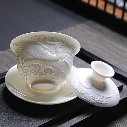 Ceramics Gaiwan 150ml relief dragon and phoenix pattern kung fu tea maker drinkware tea set tea bowls set