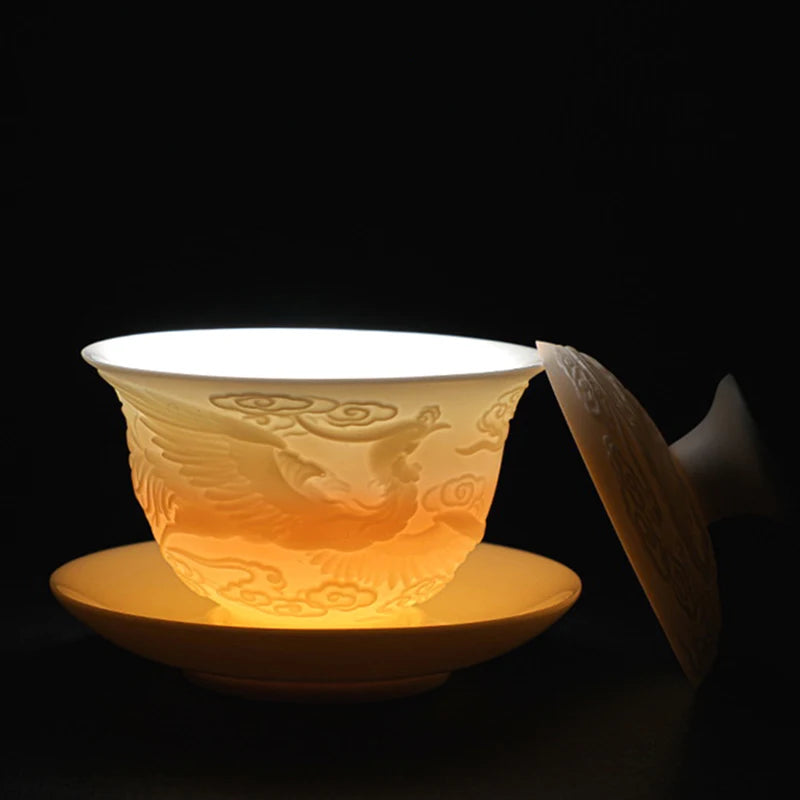 Ceramics Gaiwan 150ml relief dragon and phoenix pattern kung fu tea maker drinkware tea set tea bowls set