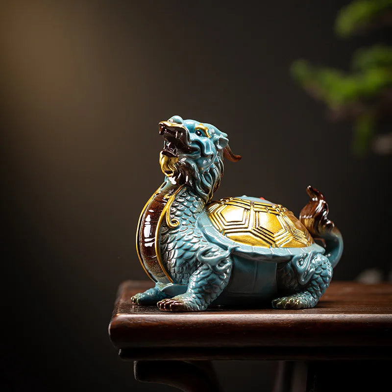 Ceramics Gossip Dragon Turtle Statue, Chinese Traditional Auspicious God Beast  Home Room Office Luckily Animal Feng Shui Statue