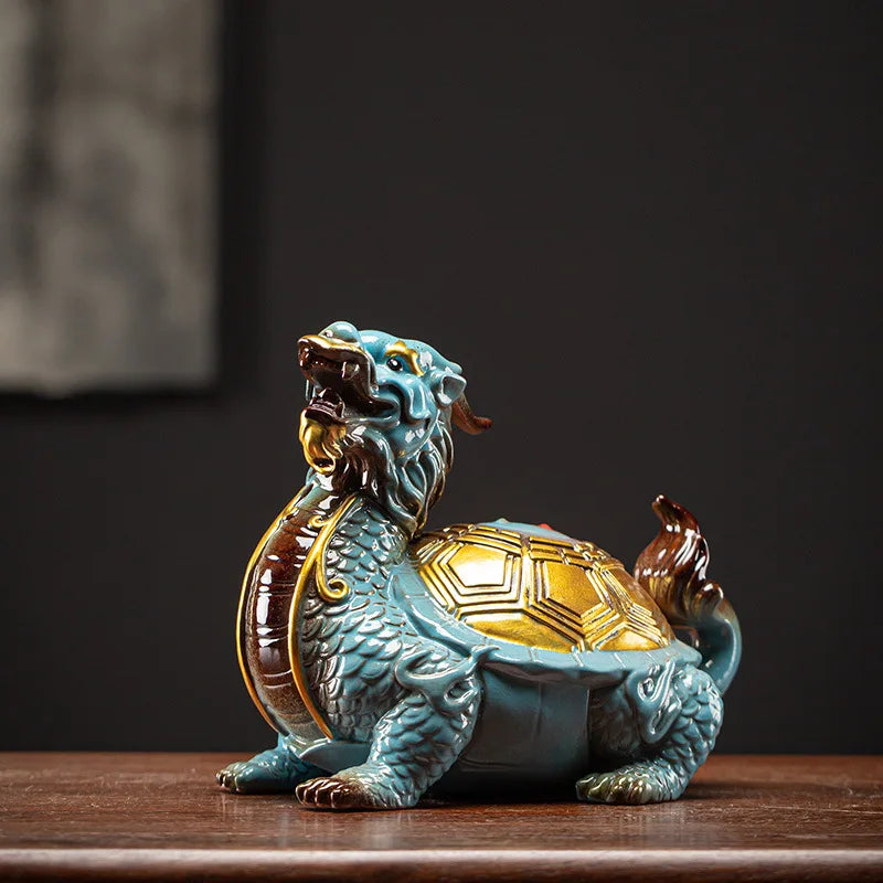 Ceramics Gossip Dragon Turtle Statue, Chinese Traditional Auspicious God Beast  Home Room Office Luckily Animal Feng Shui Statue