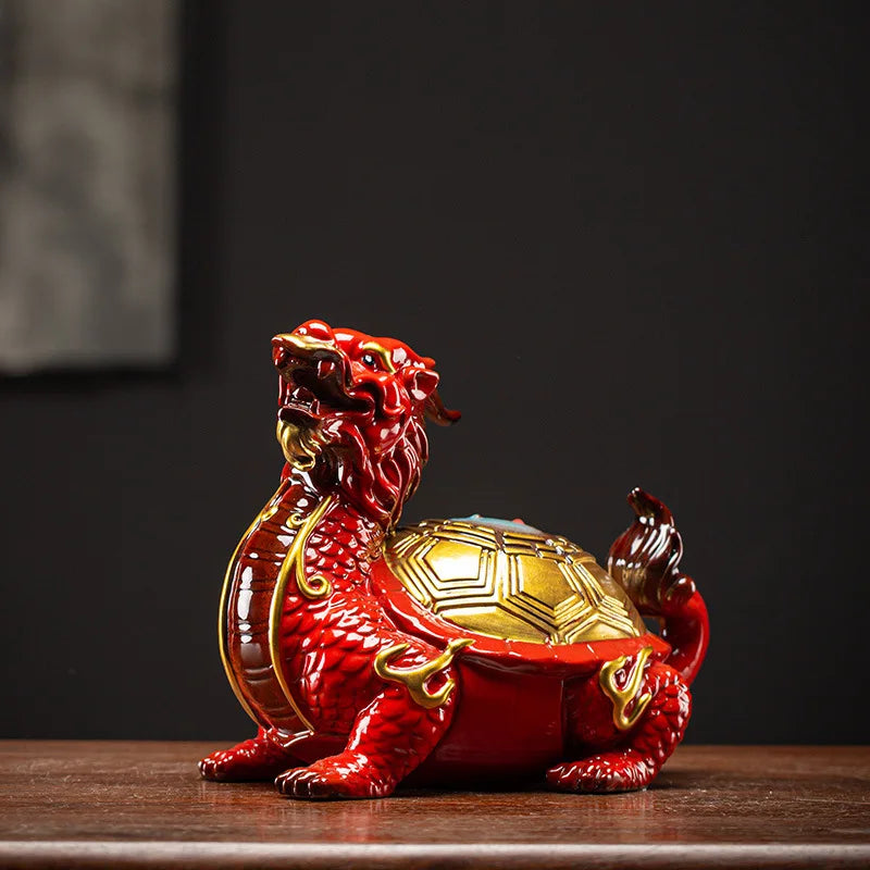 Ceramics Gossip Dragon Turtle Statue, Chinese Traditional Auspicious God Beast  Home Room Office Luckily Animal Feng Shui Statue