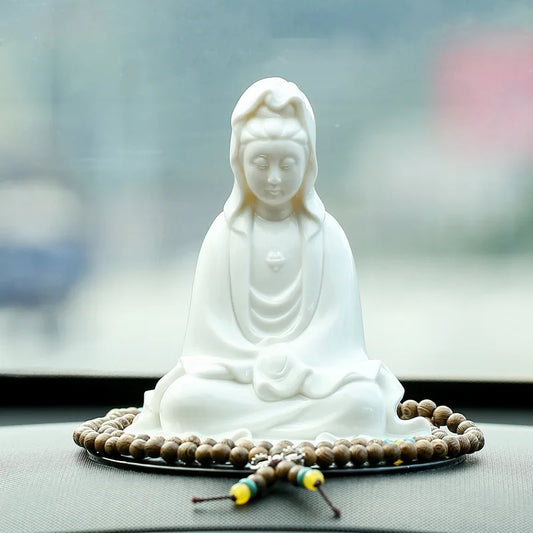 Ceramics Guanyin Buddhist figure ornaments，White porcelain High-end home living room bedroom car Feng Shui decorative statue