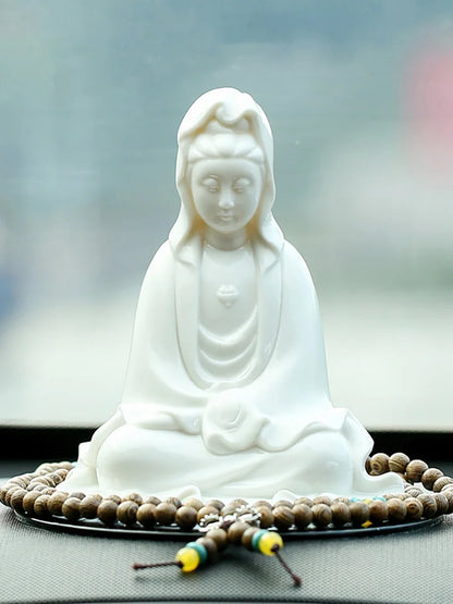 Ceramics Guanyin Buddhist figure ornaments，White porcelain High-end home living room bedroom car Feng Shui decorative statue