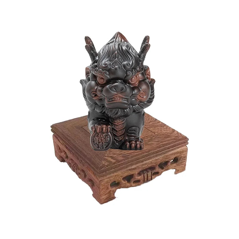 Ceramics Mascot Flame Kirin Animal Decorative Statue Purple Sand Art Sculpture Luxury Home, Room, office Tea Room Artwork