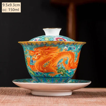 Ceramics Sancai Gaiwan Bowl Dragon and Phoenix Master Cup Tea Cup Handmade Enamel Color Tea Bowl High-end Respect Tea Set