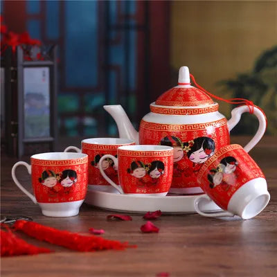 Ceramics Tea Set Creative Wedding Teapot Love Each Other Red Wedding Gift Tea Cup Cold Water Bottle Gift Kung Fu Porcelain Set