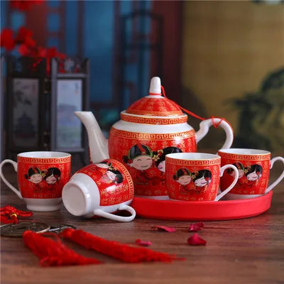 Ceramics Tea Set Creative Wedding Teapot Love Each Other Red Wedding Gift Tea Cup Cold Water Bottle Gift Kung Fu Porcelain Set