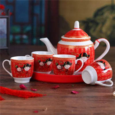 Ceramics Tea Set Creative Wedding Teapot Love Each Other Red Wedding Gift Tea Cup Cold Water Bottle Gift Kung Fu Porcelain Set