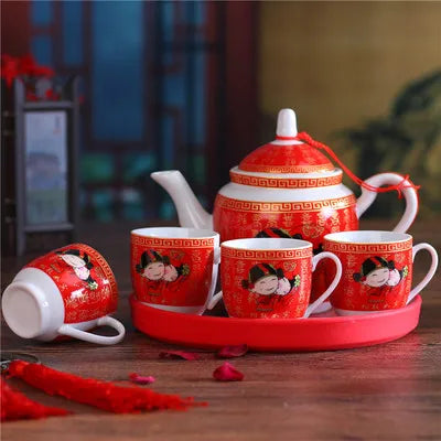 Ceramics Tea Set Creative Wedding Teapot Love Each Other Red Wedding Gift Tea Cup Cold Water Bottle Gift Kung Fu Porcelain Set