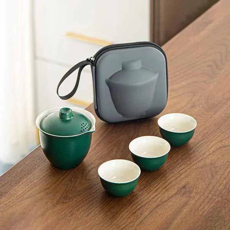 Ceramics Travel Tea set Include 1 Pot 3 TeaCup, High quality elegant gaiwan,Beautiful easy teapot kettle,kung fu teaset cup