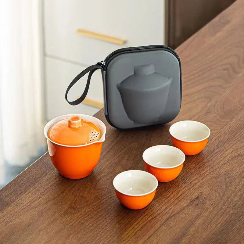 Ceramics Travel Tea set Include 1 Pot 3 TeaCup, High quality elegant gaiwan,Beautiful easy teapot kettle,kung fu teaset cup