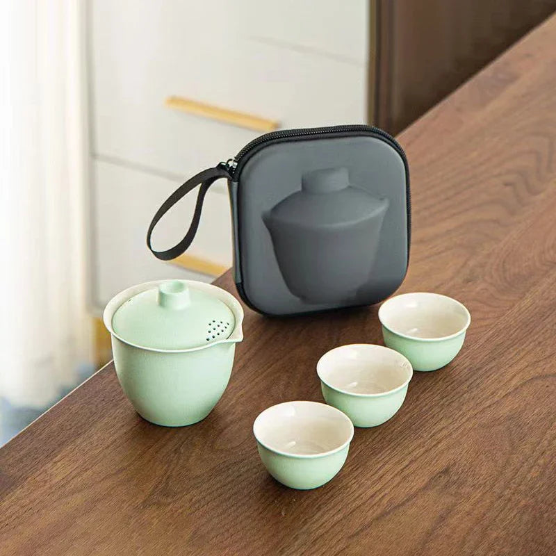 Ceramics Travel Tea set Include 1 Pot 3 TeaCup, High quality elegant gaiwan,Beautiful easy teapot kettle,kung fu teaset cup