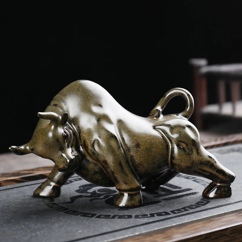 Ceramics Wall Street Bull Statue, Handmade ，Home living room tea room domineering decorations Fortune Statue best gift