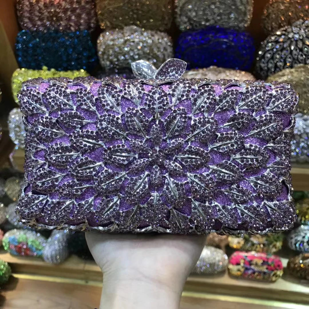 Champagne Purple Silver AB Diamond Birthday Prom Handbag Woman Flower Crystal Gala Banquet Purse Wedding Party Gift Evening Bag