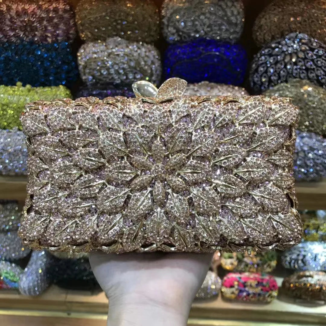 Champagne Purple Silver AB Diamond Birthday Prom Handbag Woman Flower Crystal Gala Banquet Purse Wedding Party Gift Evening Bag