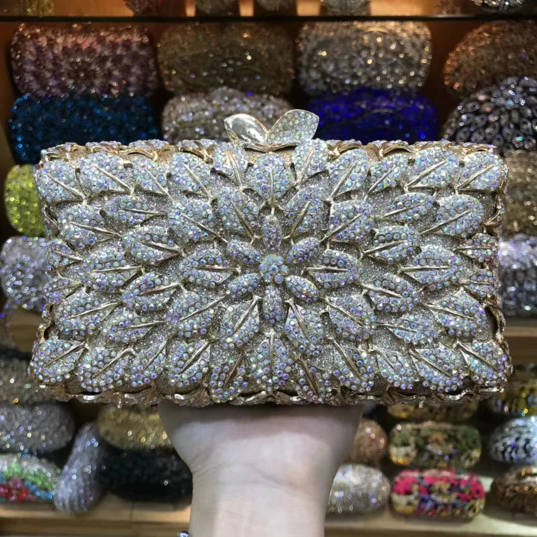 Champagne Purple Silver AB Diamond Birthday Prom Handbag Woman Flower Crystal Gala Banquet Purse Wedding Party Gift Evening Bag