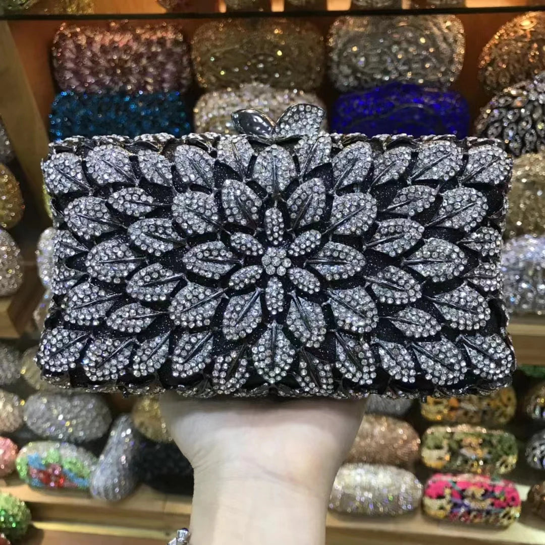 Champagne Purple Silver AB Diamond Birthday Prom Handbag Woman Flower Crystal Gala Banquet Purse Wedding Party Gift Evening Bag