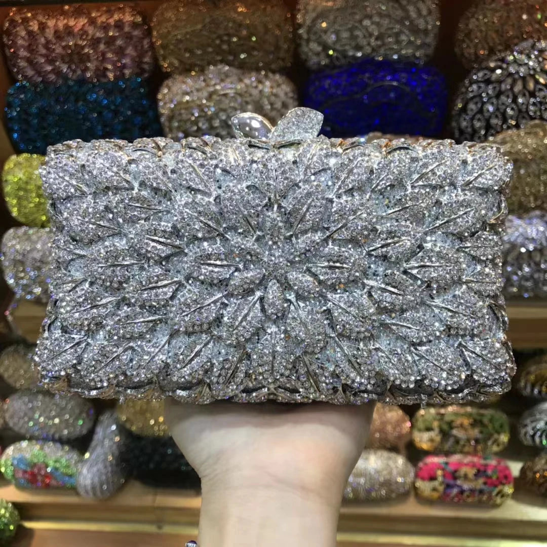 Champagne Purple Silver AB Diamond Birthday Prom Handbag Woman Flower Crystal Gala Banquet Purse Wedding Party Gift Evening Bag