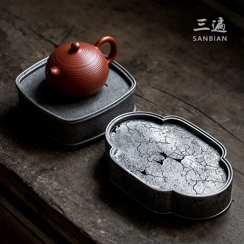 Chaozhou Kombucha Props Pure Tin Old Pot Tray Retro Pot Tray Draining Teapot Platform Japanese round Jianshui Tea Boat