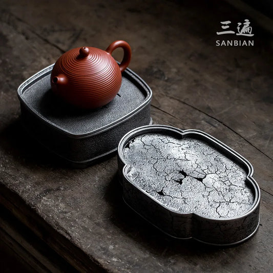 Chaozhou Kombucha Props Pure Tin Old Pot Tray Retro Pot Tray Draining Teapot Platform Japanese round Jianshui Tea Boat