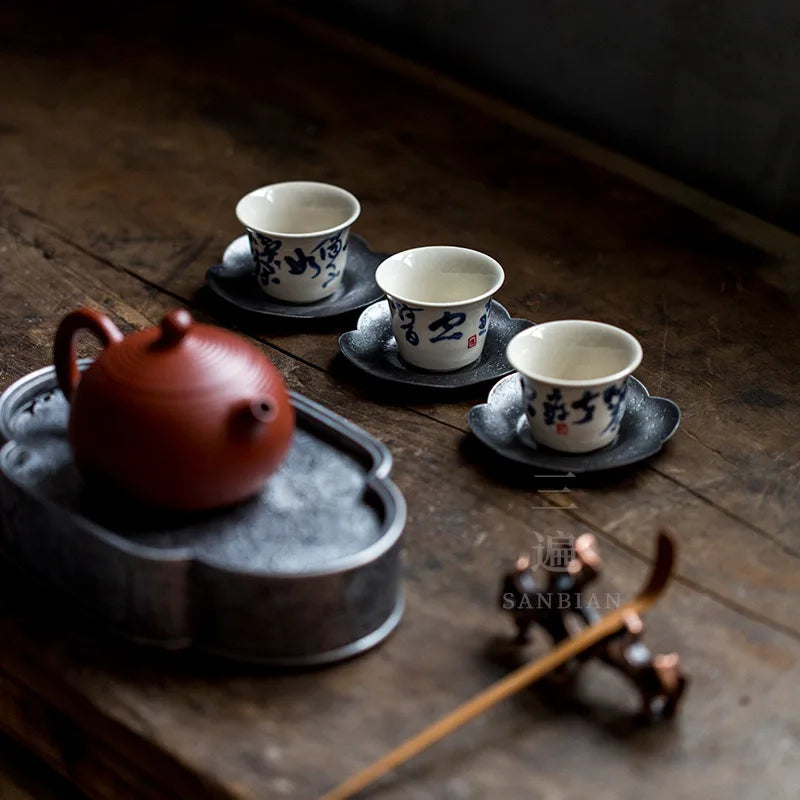 Chaozhou Kombucha Props Pure Tin Old Pot Tray Retro Pot Tray Draining Teapot Platform Japanese round Jianshui Tea Boat