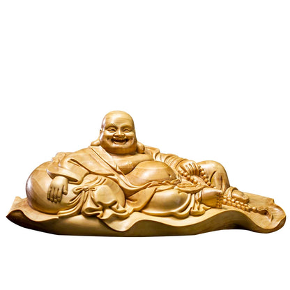 Character Fu Bag Maitreya Solid Wood Boxwood Carving Buddha Statues Crafts Laughing Buddha Mascot Home Decoration Ornaments
