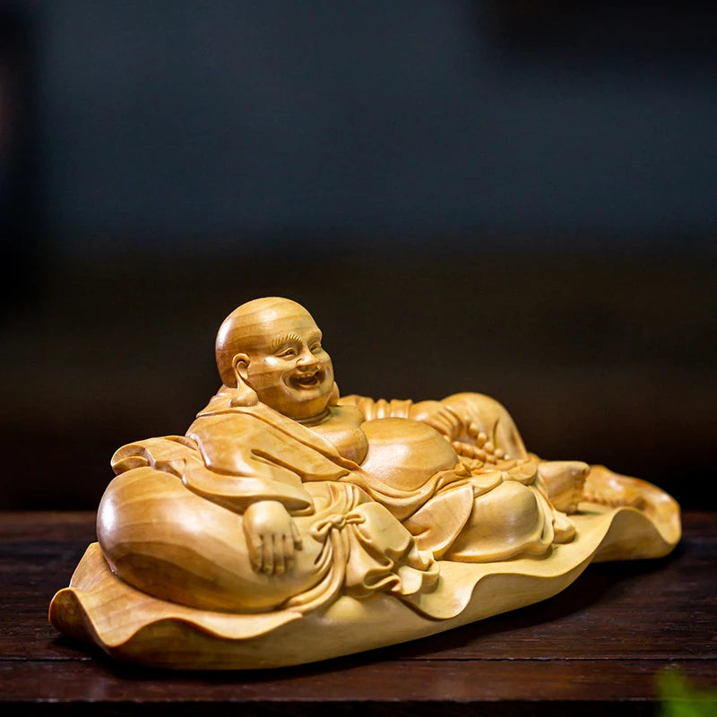 Character Fu Bag Maitreya Solid Wood Boxwood Carving Buddha Statues Crafts Laughing Buddha Mascot Home Decoration Ornaments
