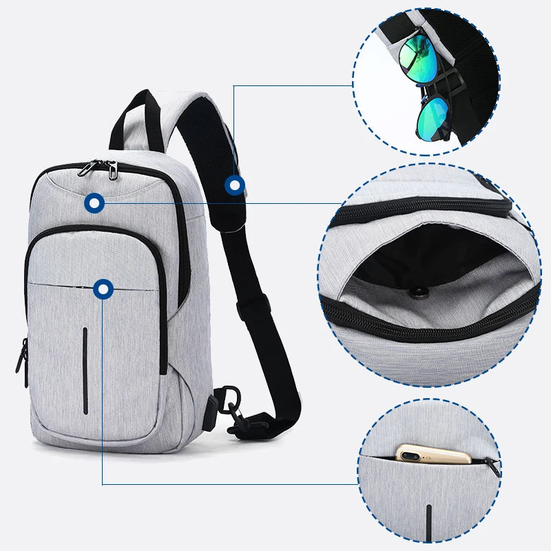 Chest bag for Men Messenger Chest Bag Pack Casual Bag Waterproof Oxford Single Shoulder Strap USB Charging Pack bag
